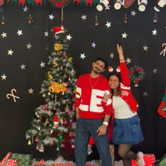 A happy Christmas photo in our festive outfits. We love celebrating all festivals with dance and joy.