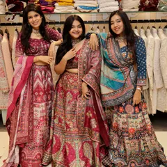 One vibe, three moods. This photo showcases three different but complementary lehengas, perfect for a stylish bride tribe.