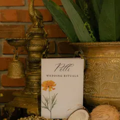 It's the small, thoughtful details that make a wedding truly yours. For this South Indian wedding, we created these elegant booklets explaining the 'Pelli' or wedding rituals, helping guests from different cultures connect with the ceremony.