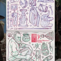 This is a full two-page spread from my sketchbook after a day at Chor Bazaar. I filled the pages with drawings of various antiques, architectural details, and a portrait of a shopkeeper I met. It’s a collection of small moments and objects that together tell the story of the place.