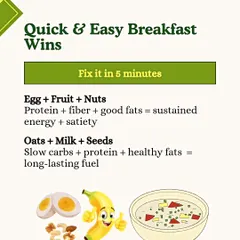 Quick & Easy Breakfast Wins. No time is no excuse. A balanced breakfast like an egg with fruit and nuts, or oats with milk and seeds, can be fixed in just 5 minutes and provides sustained energy.