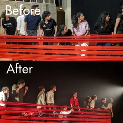 The transformation from rehearsal to reality for 'Sea's Fire'. This before and after shot shows the dedication and creative process that turns a studio concept into a polished stage performance.