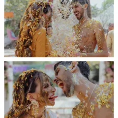 A collage of a wild and fun Haldi, showing the couple being playfully covered in turmeric paste and flower petals by their friends and family.