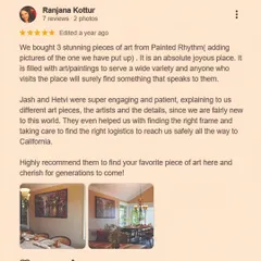 "An absolute joyous place." This review from a client who purchased three stunning pieces for their home in California warms our hearts. We take great care in explaining the art and ensuring safe delivery, no matter the distance.