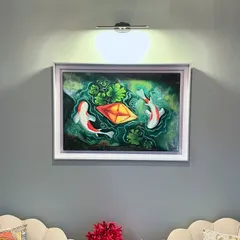 Here is my nostalgic "Koi Fish & Paper Boat" painting, seen in a home setting. The overhead light highlights the rich textures of the oil paint. This piece is about childhood joys and is designed to bring a sense of peace and reflection to any room.