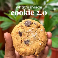 A look at what's inside our Cookie 2.0, our healthy cookie. This is the whole cookie, a perfect blend of wholesome ingredients.