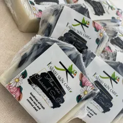 My Aloe Vera Charcoal soap, ready to be shipped. I prepare these using the cold-process method, which preserves the goodness of the fresh aloe vera and coconut shell charcoal.