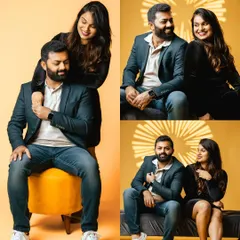 A bright and cheerful studio collage with a vibrant yellow background. The couple's coordinated outfits and playful poses create a warm and happy energy.