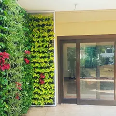 Don't let your balcony be a boring space. Here, I've used a vertical garden with bright green money plants and pops of red Poinsettia to add life and color to the entrance of a home.