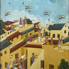 'Independence Day' by S. M. Banu Munaf. This watercolour on paper beautifully captures a neighbourhood celebrating India's Independence Day, with flags flying high from every rooftop. We shared this to wish our compatriots a glorious 78th Independence Day.