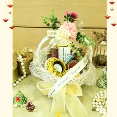 For this Diwali hamper, I partnered with Aadiva Naturals to create a wellness-themed gift. It combines natural, ayurvedic products with festive elements like decorative diyas and chocolates, offering a gift of health and joy.