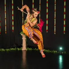Another powerful mid-air pose from the "Murali Manohar" piece. Portraying Krishna, I focused on embodying his playful and powerful character through expressive movement.