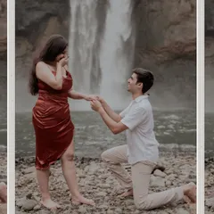 There's something magical about a proposal in nature. Here, against the backdrop of a powerful waterfall, he asked the most important question. This is a perfect example of a surprise proposal in a stunning, natural setting.