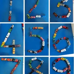 A wonderful example of sensory math play. Using toy cars to form numerals helps children connect the abstract shape of a number to a concrete quantity, all while engaging their fine motor skills.