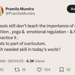 I strongly believe that nutrition, yoga, and emotional regulation are essential life skills. They need to be part of the school curriculum to prepare children for the challenges of the modern world.