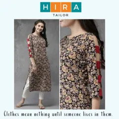 I also tailor contemporary styles. This straight-cut kurti features a modern boat neck and unique slit sleeves with contrasting red tie-up details. If you have a trendy design in mind, I can help you create a stylish and well-fitted piece.