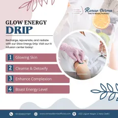 Our Glow Energy Drip is designed to recharge, rejuvenate, and help you radiate from the inside out. This graphic highlights its key benefits: achieving glowing skin, cleansing and detoxifying the body, enhancing complexion, and boosting energy levels.