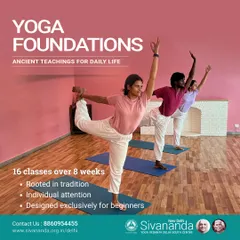 We guide you through the 12 basic asanas with a focus on proper form and alignment. Here, students practice Natarajasana (Lord of the Dance Pose), developing balance and concentration.