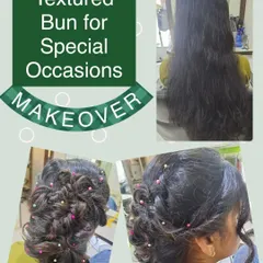 A textured bun created for a special occasion. This intricate updo uses twists and loops to create a complex, beautiful design, finished with colorful pins.