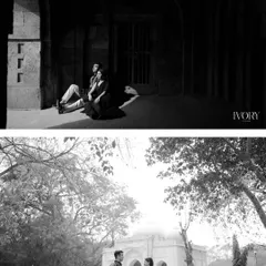 A set of two dramatic black and white portraits taken at a historic Delhi site. The high contrast between light and shadow creates a powerful, artistic mood, highlighting the couple against the ancient architecture.