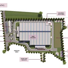 The detailed site plan for the Rockwell facility. Our planning process optimizes logistics, including truck and employee circulation, parking, and designated areas for future expansion, scrap, and utilities.
