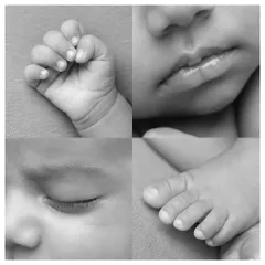 A black and white collage of a newborn's details: a tiny hand, lips, closed eye, and little toes.