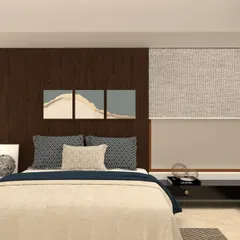 I'm a big fan of dark, cozy bedrooms. In this design, a dark veneer panel behind the bed creates a moody, cocoon-like feel. The floating bedside tables and corner window ledge add a sleek, modern touch, making it the perfect dreamy retreat.