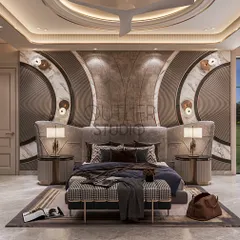 This master suite is a curated escape, designed as a private sanctuary. The symmetrical design, featuring a dramatic arched headboard, layered lighting, and a serene color palette, creates a sense of balanced and sophisticated comfort.