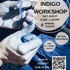 A poster for our Indigo Workshop at Ambara, Ulsoor. This session invites participants to learn tie-dye techniques and create their own bandana using this iconic natural dye.