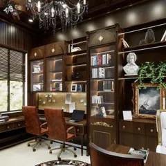 The enduring beauty of classical design is on full display in this home office. Rich wood paneling, a grand chandelier, and traditional furniture create a timeless and scholarly atmosphere.