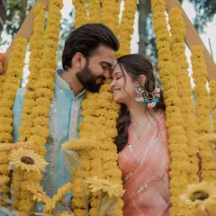 An intimate portrait of the couple surrounded by traditional marigold decorations during their Haldi ceremony.