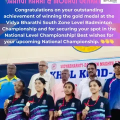 A massive achievement for Jaanvi and Mourui, winning the gold medal at the Vidya Bharathi South Zone Level Badminton Championship. This victory secures their spot in the National Level Championship.