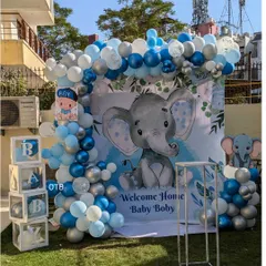 Welcoming a baby boy with this adorable elephant theme setup in the family's garden. I created a full photo corner with a custom backdrop, a blue and silver balloon arch, and cute "BABY" boxes for the perfect welcome home pictures.