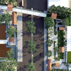 This aerial render shows how our design uses strong geometric proportions inspired by native Tamil Nadu temple architecture. The material palette combines traditional granite with modern metal structures.