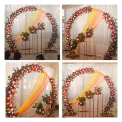 A collage showing different angles of our popular floral ring backdrop. This demonstrates how the setup looks from various perspectives, highlighting the floral work and drapery.