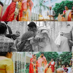 A collage of a South Indian wedding, mixing color and black and white to highlight emotional moments and rituals.