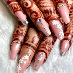 A perfect example of my custom bridal work, designed to complement intricate mehndi. This set features a soft pink base, delicate 3D floral accents, and sparkling crystal placements for a look that's both romantic and glamorous.