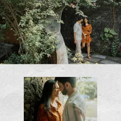 A collage showing the couple in a lush, green setting. The images capture both a wide view of the natural surroundings and a close-up of their intimate connection.