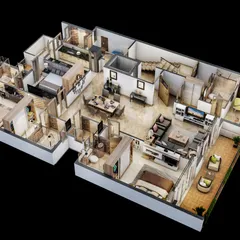 A large, expansive 3D floor plan for a penthouse or combined unit. This visualization effectively communicates the scale and luxury of a premium property, showing multiple living areas and bedrooms.