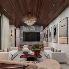 A full view of a formal living room concept, featuring a striking wooden ceiling and a marble-clad feature wall for the television. The symmetrical furniture arrangement, centered around a unique freeform coffee table, creates a sense of balance and modern luxury.