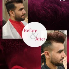My academy teaches men's grooming too. This before and after shows a sharp, modern haircut and style, a key skill for any professional hairstylist.