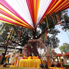 A Haldi ceremony should be full of life and color. For this outdoor event, we used a magnificent tree as a natural anchor, draping it with vibrant yellow, red, and white fabrics and hanging floral tassels to create a joyful and traditional backdrop.