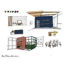 Conceptual sketches for Apartment 704. This is where we explore ideas for material palettes and key design features, such as the brick wall and the partitioned powder room.