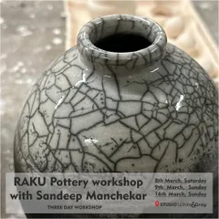 An announcement for our Raku pottery workshop, featuring a close-up of a finished piece with the characteristic crackled glaze, known as 'crazing'.