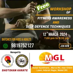 Empowering the community with essential skills. This poster announces a free workshop on fitness awareness and self-defense techniques, open to both kids and adults at our Malad location.