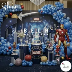To show my range, I've included this epic Marvel Universe stage setup. It demonstrates how I can switch from soft and whimsical to bold and action-packed, using dynamic lighting, character props, and a cityscape backdrop to create a superhero's dream party.