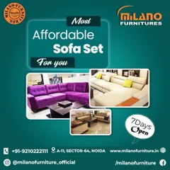 Our sectional sofas are perfect for larger living rooms and families. We offer L-shaped and U-shaped configurations that can be customized in size, fabric, and color, like the vibrant purple and neutral two-tone options shown here.