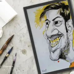 A digitally drawn caricature with a textured, painterly feel. The bright yellow teeth and sharp lines give this portrait a bold and unforgettable look.