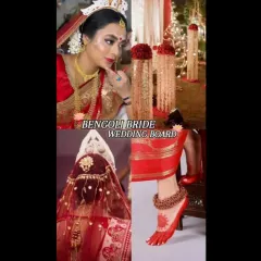 This mood board captures the essence of a traditional Bengali bride. The look is defined by the classic red bindi, intricate eye makeup, and a bold red lip, all elements I love creating.