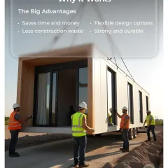 This graphic summarizes the big advantages of prefab construction. It saves time and money, reduces construction waste, offers flexible design options, and results in a strong, durable building.